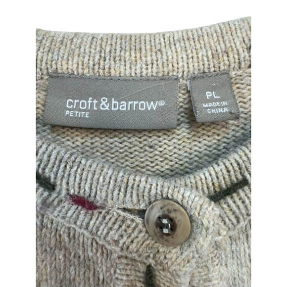 Croft & Barrow Snowman & Heart Patches Cardigan Sweater Petite PL Beige - Picture 2 of 15